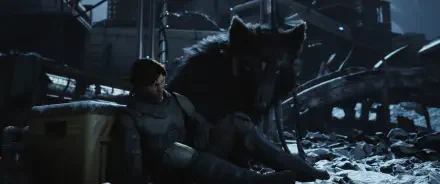 HD PC desktop wallpaper and background from the video game Exodus (2027): an armored protagonist rests against a massive wolf amid a ruined, snowy industrial cityscape at night.