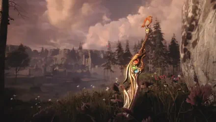 Soulframe video game 4K Ultra HD PC desktop wallpaper: ornate glowing blade-staff in a grassy lakeside meadow, wildflowers, distant castle and dramatic cloudy sky.