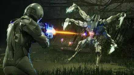 4K Ultra HD PC desktop wallpaper from video game Exodus (2027): armored soldier firing an orange energy beam at a spider-like robotic creature in a dark, overgrown battlefield.