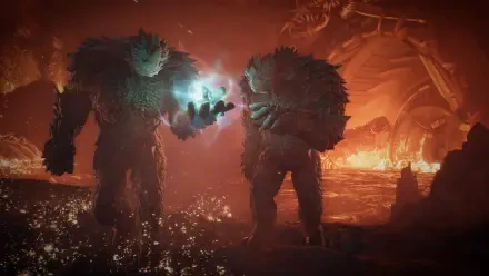 4K Ultra HD PC desktop wallpaper from Exodus (2027 video game): two towering furred brutes pass a glowing blue orb amid a molten, lava-lit cavern.