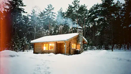 Winter cabin 4K Ultra HD PC desktop wallpaper: warmly lit log cabin in a snowy pine clearing at dusk, chimney smoke rising against a pale winter sky.