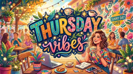 Vibrant 5K Ultra HD PC desktop wallpaper Thursday Vibes: colorful café scene with string lights, handwritten lettering, pastries, and a smiling woman enjoying coffee amid a lively outdoor crowd.