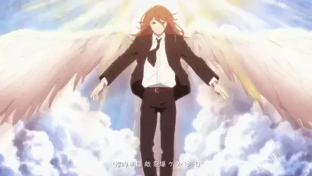 Anime 4K Ultra HD PC wallpaper: Angel Devil from Chainsaw Man floats with outstretched arms and expansive white wings above sunlit clouds.