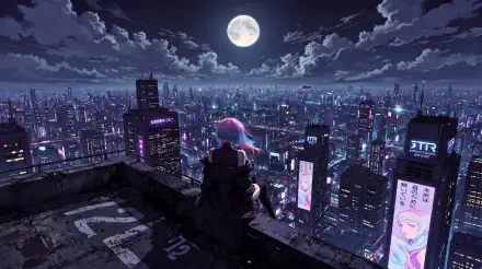 Lucy (Cyberpunk: Edgerunners) perches on a rooftop beneath a full moon, gazing over neon Night City (Cyberpunk 2077) in anime-style 5K Ultra HD.