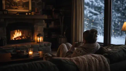 Cozy winter 4K Ultra HD PC desktop wallpaper: a person wrapped in blankets on a sofa by a crackling fireplace and candles, gazing out at snow through a window.