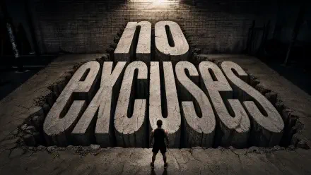 Person stands before massive 3D stone letters spelling NO EXCUSES in a shadowy industrial room — bold 4K Ultra HD PC desktop wallpaper/background.