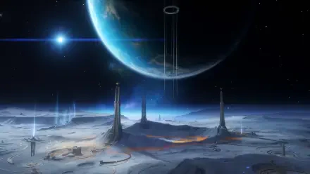 Genshin Impact Luna VIII 4K Ultra HD PC desktop wallpaper: moonlike landscape with towering spires, radiant light pillars and a blue planet looming over a cratered surface, video game art.
