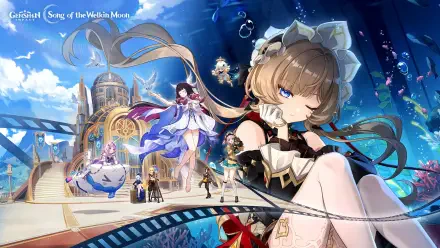 HD PC desktop wallpaper for the video game Genshin Impact featuring Luna VIII: anime-style characters set against a luminous seaside city with ornate architecture, bubbles and a vibrant blue fantasy sky.