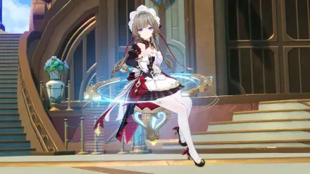 4K Ultra HD PC desktop wallpaper from the video game Genshin Impact: Luna VIII in a red-black maid outfit summoning glowing blue rings on ornate steps inside a grand hall.