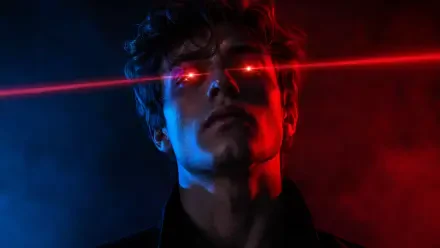 4K Ultra HD PC desktop wallpaper: moody portrait of a man with glowing red laser eyes and a red beam cutting across a blue-and-red lit background.
