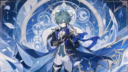 Lohen (Genshin Impact) in ornate blue-and-white attire, posed before a glowing circular sigil; dynamic flowing cape and ice motifs. 4K Ultra HD PC desktop wallpaper/background.