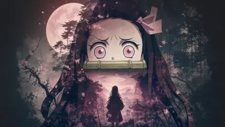 Nezuko Kamado 4K Ultra HD PC desktop wallpaper: oversized moonlit close-up with bamboo muzzle, wide pink eyes, silhouetted figure walking into a cherry-blossom forest.