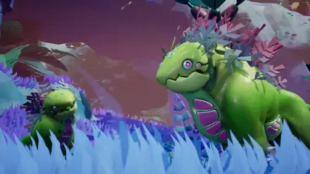 Starseeker: Astroneer Expeditions video game HD PC desktop wallpaper — two green, crystal-studded reptilian creatures grazing in blue-purple grass beneath a violet, starry sky.