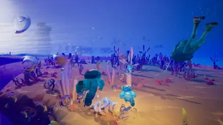 4K Ultra HD PC desktop wallpaper of video game Starseeker: Astroneer Expeditions — two suited explorers cross a vibrant alien landscape dotted with strange flora, distant moons and drifting debris.