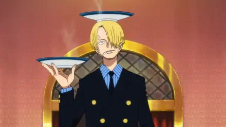 HD PC desktop wallpaper: Anime character Sanji from One Piece — blond-haired cook in a dark double-breasted suit balancing a steaming plate on his finger against an arched golden backdrop.