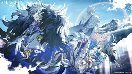 HD PC desktop wallpaper for the video game Arknights: dramatic blue‑white illustration of silver‑haired, fur‑clad operators posed amid snowy peaks and a glowing sky.