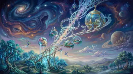 5K Ultra HD PC Desktop Wallpaper and Background: surreal space elevator tethering glass orbital habitats above a colorful alien landscape, nebulae, ringed planets and floating birds.