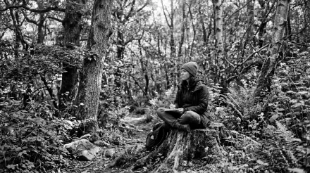 Grayscale 5K Ultra HD PC desktop wallpaper: a person in a beanie and jacket sits on a tree stump in a dense forest, surrounded by ferns and tall trees.