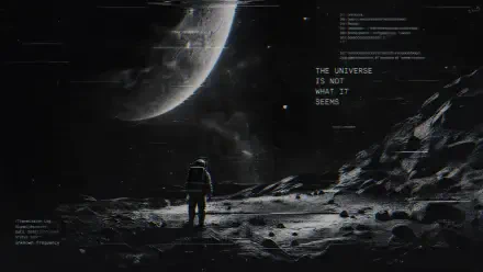 Astronaut on a rocky lunar surface beneath a crescent planet with digital HUD overlays — dark, high-detail deep space exploration scene, 4K Ultra HD PC desktop wallpaper/background.