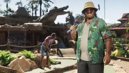 4K Ultra HD PC desktop wallpaper: Cal Hampton from the video game Grand Theft Auto VI — tropical-shirted man in a bucket hat holding a putter at a sunny mini-golf course.
