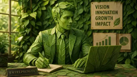 4K Ultra HD PC desktop wallpaper: leaf-sculpted entrepreneur in a suit working at a laptop amid lush foliage, posters reading Vision, Innovation, Growth, Impact.