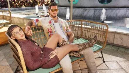 Video game 4K Ultra HD PC wallpaper for Grand Theft Auto VI: two characters lounging on a wicker bench by a fountain in a sunlit plaza, stylish clothes and sunglasses.