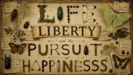 4K Ultra HD PC desktop wallpaper/background: vintage naturalist collage of insects, moths and plants forming the phrase Life, Liberty and the Pursuit of Happiness.