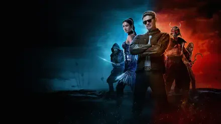 Mortal Kombat 2 (2026) 4K Ultra HD PC desktop wallpaper showing four Mortal Kombat characters standing in a blue-to-red split background, central figure in sunglasses with arms crossed.