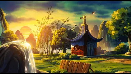 Dragon Ball anime sunrise HD PC wallpaper: glowing sun over jagged peaks, bamboo and trees around a small shrine, a waterfall and warm golden light across the valley.