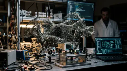 5K Ultra HD PC desktop wallpaper and background of a shimmering nanotech swarm forming a fluid shape above a cluttered lab bench with monitors and a researcher in the dim background.