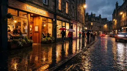 5K Ultra HD PC desktop wallpaper and background showing rainy reflection of café lights on a wet cobblestone street, people with umbrellas and a moody dusk sky.