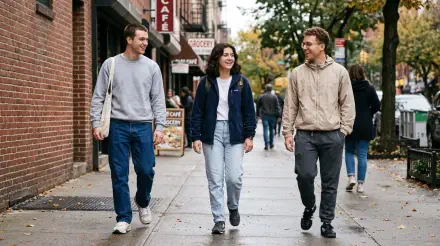 Normcore street scene: three casually dressed people walking on a city sidewalk with autumn trees — 5K Ultra HD PC desktop wallpaper and background.