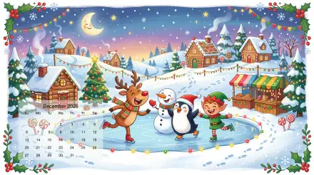 Whimsical winter village with a skating reindeer, penguin, snowman and elf on a frozen pond, snowy cottages and market; December 2026 calendar — 5K Ultra HD PC desktop wallpaper and background.