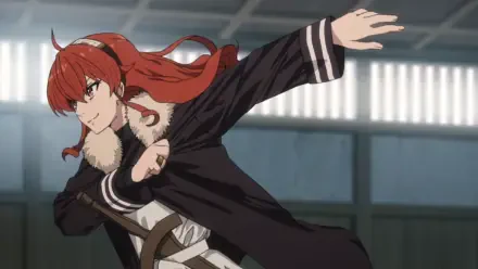 Eris Boreas Greyrat from Mushoku Tensei in a dynamic fighting pose, red hair streaming and wearing a dark coat — HD anime PC desktop wallpaper.