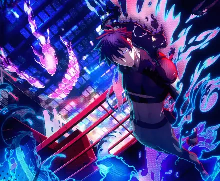 2K Quad HD PC wallpaper of Black Torch anime: Jirou Azuma with Ragou, neon city skyline, swirling blue and pink spirit flames and a glowing serpent.