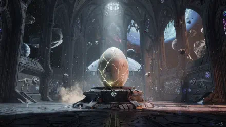 4K Ultra HD PC desktop wallpaper and background: a cracked, glowing dinosaur egg on a futuristic pedestal inside a vast, cathedral-like space chamber.