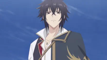 Anime HD PC desktop wallpaper: Arnold Lakes Adler from The Insipid Prince's Furtive Grab for the Throne — dark-haired prince in a cloak standing against a clear blue sky.