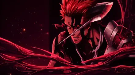 Bleach: Thousand-Year Blood War — Ichigo Kurosaki in Horn of Salvation form, red energy ribbons swirling across a dark field. 5K Ultra HD PC desktop wallpaper, anime.