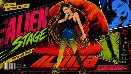 Comic-style Alien Stage 4K Ultra HD PC desktop wallpaper: a long-haired female singer on a neon stage with a red planet backdrop, bold graphic text and sci-fi pop-art panels.