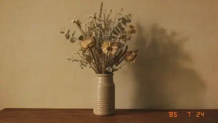 Dried flower bouquet in a cream ceramic vase casting a soft shadow on a warm beige wall - 4K Ultra HD PC desktop wallpaper/background.