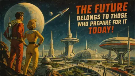Motivational 4K Ultra HD PC desktop wallpaper and background: retro-futuristic cityscape with two observers, rockets and the slogan The future belongs to those who prepare for it today!