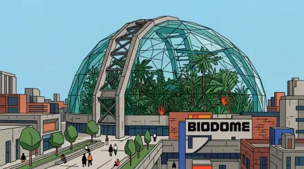 5K Ultra HD PC desktop wallpaper and background: a glass biodome housing lush tropical plants above an urban plaza with walkways and pedestrians.
