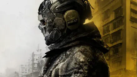 Call of Duty 4: Modern Warfare 4K Ultra HD PC wallpaper: skull‑masked soldier in tactical gear framed against a war‑torn cityscape split in gray and yellow light.