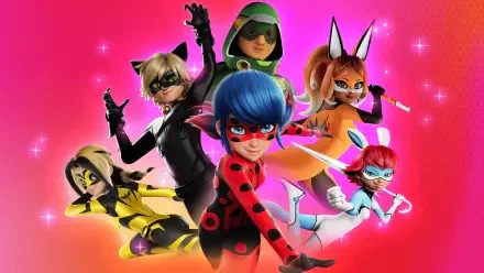4K Ultra HD PC desktop wallpaper of Miraculous Ladybug heroes: Ladybug center with Cat Noir, Rena Rouge, Queen Bee and allies posed against a pink, sparkled background.
