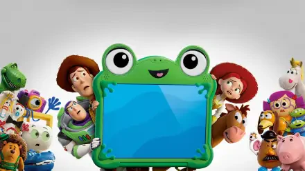 Toy Story 5, Toy Story 4K Ultra HD PC wallpaper and background: Woody, Buzz, Jessie and the toy gang peeking around a smiling frog-shaped blue screen frame.