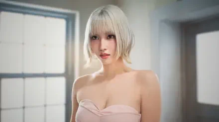 5K desktop wallpaper: high-resolution portrait of a young woman with a short platinum bob wearing a strapless pale-pink top, soft window light and minimalist indoor background.