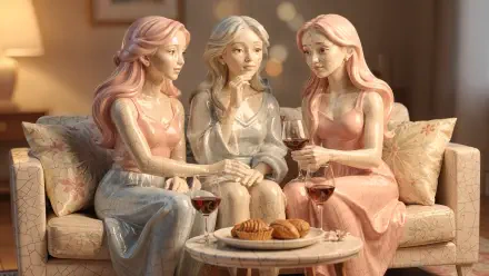 Girls' night 4K Ultra HD PC desktop wallpaper: three pastel figurines on a sofa, holding wine glasses around a table with pastries in a warm, cozy living room.