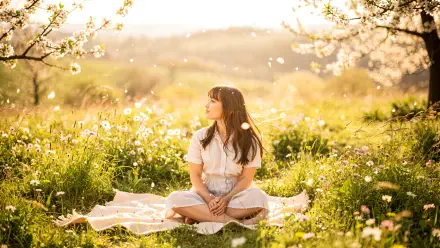 4K Ultra HD PC desktop wallpaper — spring aesthetic: a woman sits on a blanket in a sunlit meadow of blooming trees, petals drifting through warm golden light.