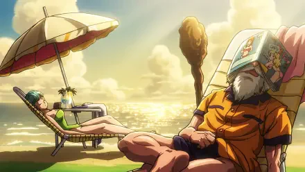 HD PC anime desktop wallpaper of Dragon Ball Z's Master Roshi and Bulma relaxing on a sunlit beach at sunset — Roshi under a hair-dryer helmet, Bulma reclining on a lounge chair by the sea.