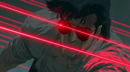 Stylized man in sunglasses streaked by red laser beams, intense action pose on a dark backdrop — 2K Quad HD PC desktop wallpaper/background.